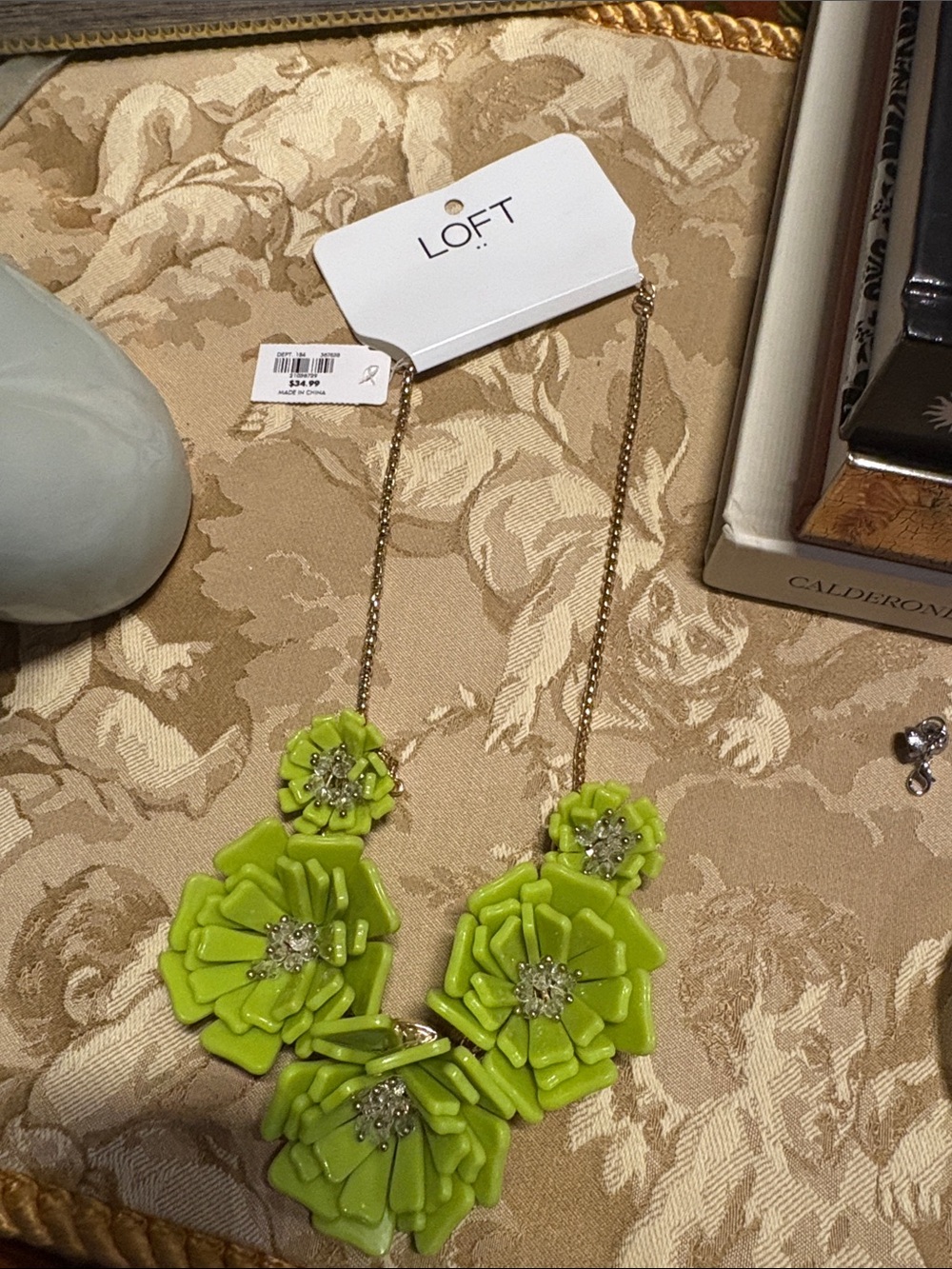 LOFT Lime Green Floral Statement Necklace with Gold-Tone Chain